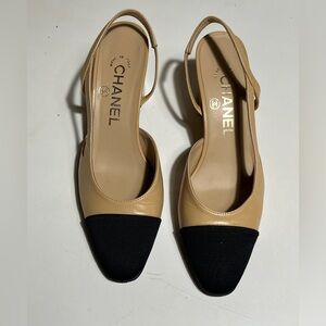 CHANEL Beige and Black Slingback Heels
